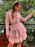 Load image into Gallery viewer, Simplee Elegant tulle belt party dresses women Notched tulle patchwork blazer dress Shoulder pads long sleeve mini evening robe