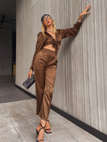 Load image into Gallery viewer, Simplee Casual button loose women satin pants set green Office fashion long sleeve two piece sets