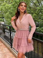 Load image into Gallery viewer, Simplee Elegant tulle belt party dresses women Notched tulle patchwork blazer dress Shoulder pads long sleeve mini evening robe