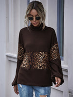 Load image into Gallery viewer, Dark Brown Coffee Leopard Print Patchwork Turtle Neck Flip Collar Autumn Sweatshirt