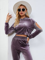 Load image into Gallery viewer, Simplee Casual hollow out tassel velvet long sleeve hooded tracksuit women Crop top