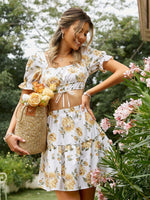 Load image into Gallery viewer, Simplee Square collar floral short sleeve women skirt sets