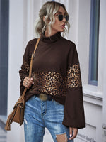 Load image into Gallery viewer, Dark Brown Coffee Leopard Print Patchwork Turtle Neck Flip Collar Autumn Sweatshirt