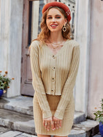 Load image into Gallery viewer, Simplee Elegant v-neck buttons ruffle knitted dress set women Office long sleeves slim two pieces sets Solid female sweater suit