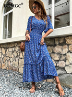 Load image into Gallery viewer, Blue Mint Green Loose Short Sleeve Middle Waist V-neck A-line Flower Print Dress