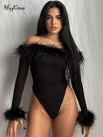 Load image into Gallery viewer, Hugcitar Feather Slash Neck Long Sleeve Solid Elegant Sexy Bodycon Bodysuit