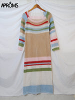 Load image into Gallery viewer, Aproms Multi Striped Crochet Midi Dresses