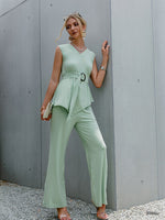 Load image into Gallery viewer, Simplee Casual sleeveless belt women sets summer Chic asymmetric v-neck two piece set women Office lady soft solid elastic sets