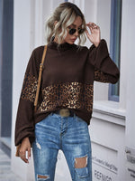 Load image into Gallery viewer, Dark Brown Coffee Leopard Print Patchwork Turtle Neck Flip Collar Autumn Sweatshirt