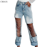 Load image into Gallery viewer, Straight Jeans Women 2023 Spring Summer Holes Diamond Rhinstones Solid Fashion High Street High Waist Cotton Denim Pants