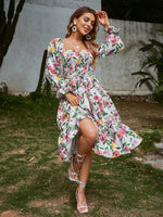 Load image into Gallery viewer, Simplee Floral slash neck long sleeve ruffle print summer dress women Holiday beach belt vestido Square collar elastic dresses