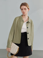 Load image into Gallery viewer, FSLE Polo Collar Full Drop Sleeve Leather Jacket Loose Short Straight Jacket Office Lady Solid Single Breasted Coats