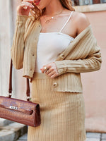 Load image into Gallery viewer, Simplee Elegant v-neck buttons ruffle knitted dress set women Office long sleeves slim two pieces sets Solid female sweater suit