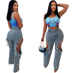 Load image into Gallery viewer, Ripped Women High Waist Tassel Jeans Hole Heart Irregular Denim Trousers Summer Streetwear Casual Wild Straight Pants 2023