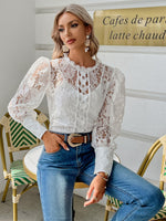 Load image into Gallery viewer, Simplee Puff sleeve elegant lace blouse with camisole See through sexy women blouses