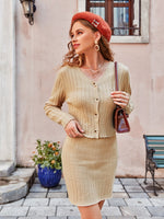 Load image into Gallery viewer, Simplee Elegant v-neck buttons ruffle knitted dress set women Office long sleeves slim two pieces sets Solid female sweater suit