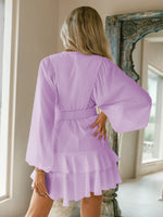 Load image into Gallery viewer, Simplee Belt blue plaid batwing long sleeve women dress summer Office ruffle shirt mini dress Casual button A-line mujer vestido