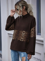 Load image into Gallery viewer, Dark Brown Coffee Leopard Print Patchwork Turtle Neck Flip Collar Autumn Sweatshirt
