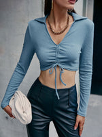 Load image into Gallery viewer, Simplee Sexy v-neck lace up long sleeves knitted crop top women blue Holiday slim shirring short tops Female solid lapel t-shirt