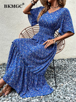 Load image into Gallery viewer, Blue Mint Green Loose Short Sleeve Middle Waist V-neck A-line Flower Print Dress