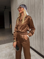 Load image into Gallery viewer, Simplee Casual button loose women satin pants set green Office fashion long sleeve two piece sets