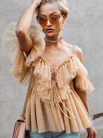 Load image into Gallery viewer, Simplee V-neck mesh lace up sexy blouse summer women Strap boho ruffle cold shouler elegant tops Tulle see through casual shirt