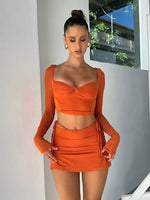 Load image into Gallery viewer, hirigin Women Summer 2 Pieces Outfits Solid Color Sweetheart Neckline Long Sleeve Crop Tops and Side Tie-Up Mini Skirts Set
