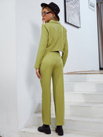 Load image into Gallery viewer, Simplee Office v-neck long sleeves crop top pant set Notched button belt high waist pants suit Shoulder pad green two piece sets
