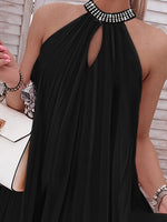 Load image into Gallery viewer, Rhinestone Decor Sleeveless Keyhole Pleated Halter Casual Dress