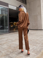 Load image into Gallery viewer, Simplee Casual button loose women satin pants set green Office fashion long sleeve two piece sets