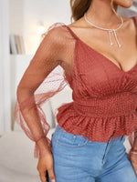Load image into Gallery viewer, Simplee Sexy long sleeve v-neck tulle blouse women Summer see through ruffle crop top