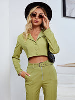 Load image into Gallery viewer, Simplee Office v-neck long sleeves crop top pant set Notched button belt high waist pants suit Shoulder pad green two piece sets