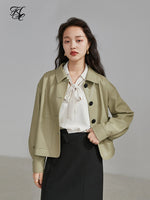 Load image into Gallery viewer, FSLE Polo Collar Full Drop Sleeve Leather Jacket Loose Short Straight Jacket Office Lady Solid Single Breasted Coats
