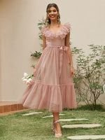 Load image into Gallery viewer, Simplee V-neck mesh polka dot summer tulle party dress women Backless pink ruffle sleeveless dresses Elegant sash maxi vestido