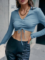 Load image into Gallery viewer, Simplee Sexy v-neck lace up long sleeves knitted crop top women blue Holiday slim shirring short tops Female solid lapel t-shirt