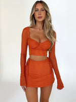 Load image into Gallery viewer, hirigin Women Summer 2 Pieces Outfits Solid Color Sweetheart Neckline Long Sleeve Crop Tops and Side Tie-Up Mini Skirts Set