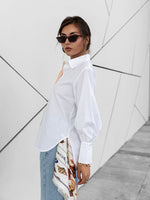 Load image into Gallery viewer, Simplee Autumn Color Block Casual Women Blouse Solid Cotton Lapel Collar Office Lady Shirt Full Lantern Sleeves