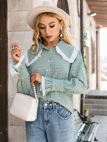 Load image into Gallery viewer, Simplee Gingham Square Office Ladies Winter Blouses Peter Pan Collar Women Ruffle Tops Full Poet Sleeves Female Fitness Blouses