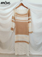 Load image into Gallery viewer, Aproms Multi Striped Crochet Midi Dresses