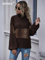 Load image into Gallery viewer, Dark Brown Coffee Leopard Print Patchwork Turtle Neck Flip Collar Autumn Sweatshirt