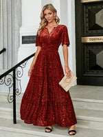 Load image into Gallery viewer, Simplee V-neck flare sleeve print velvet dress Party elegant womem dresses