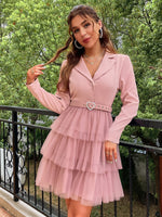 Load image into Gallery viewer, Simplee Elegant tulle belt party dresses women Notched tulle patchwork blazer dress Shoulder pads long sleeve mini evening robe