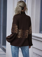 Load image into Gallery viewer, Dark Brown Coffee Leopard Print Patchwork Turtle Neck Flip Collar Autumn Sweatshirt