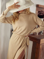 Load image into Gallery viewer, Simplee Office turtleneck long sleeves lace up knitted dress set women Elastic split long skirt two-piece set Elegant solid suit