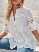 Load image into Gallery viewer, Simplee Holiday embroidery stitching women blouse summer Button V-neck half sleeve shirts female Solid beach style casual tops