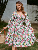 Load image into Gallery viewer, Simplee Floral slash neck long sleeve ruffle print summer dress women Holiday beach belt vestido Square collar elastic dresses