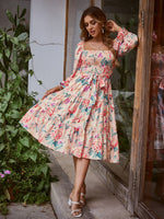 Load image into Gallery viewer, Simplee Floral slash neck long sleeve ruffle print summer dress women Holiday beach belt vestido Square collar elastic dresses