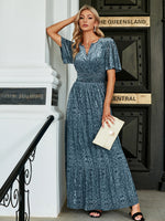 Load image into Gallery viewer, Simplee V-neck flare sleeve print velvet dress Party elegant womem dresses