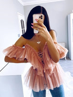 Load image into Gallery viewer, Simplee V-neck mesh lace up sexy blouse summer women Strap boho ruffle cold shouler elegant tops Tulle see through casual shirt