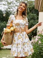 Load image into Gallery viewer, Simplee Square collar floral short sleeve women skirt sets